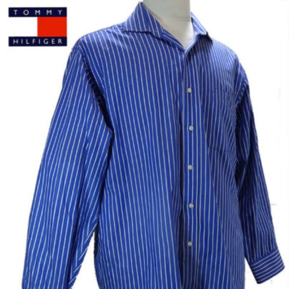 Tommy Hilfiger Mens Dress Shirt 34-35 Blue White - Picture 1 of 4
